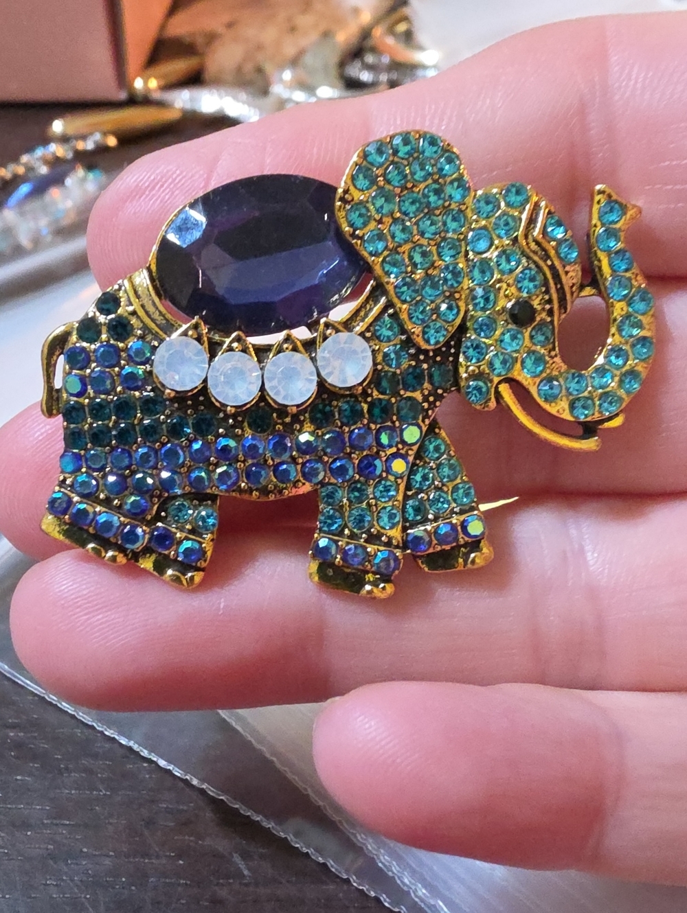 A166- Gold-Tone Teal & Blue Crystal Elephant Brooch
